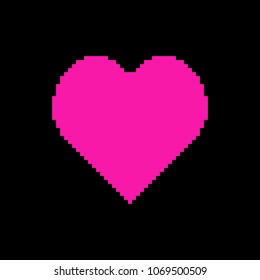 Colorful flat vector pixel art heart icon on black background; pixelated Saint Valentine's Day symbol; EPS10