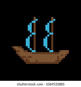 Colorful flat vector pixel art ship icon on black background; EPS10