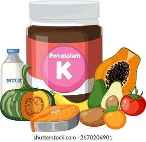 Colorful flat vector of potassium supplement jar with milk, salmon, fruits, and vegetables.