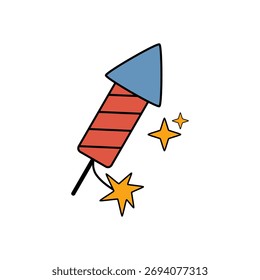 Colorful flat vector of red and blue firework rocket with glowing yellow stars on white background