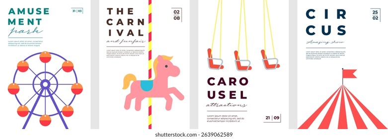 Colorful flat vector set of circus and amusement park posters. Features carousel, rollercoaster, ferris wheel, and festive elements. Perfect for kids events, city fairs, and summer celebrations.