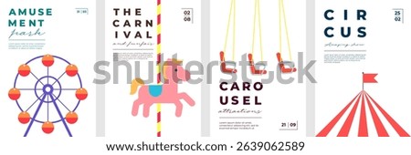 Colorful flat vector set of circus and amusement park posters. Features carousel, rollercoaster, ferris wheel, and festive elements. Perfect for kids events, city fairs, and summer celebrations.