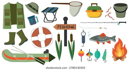 Colorful flat vector set of fishing and camping accessories isolated on white background. Collection includes inflatable boat, fishing rod, fish, bait, life buoy, campfire, bucket, tackle box, boots, fishing net, chair, hooks and outdoor gear. Perfect for adventure posters, fishing club branding, camping designs, travel illustrations, hobby projects, stickers, web banners and outdoor activity concepts.