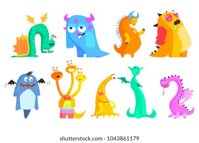 Colorful flat vector set of funny monsters. Cartoon fantastic creatures with wings, horns and tails. Graphic design for children's book, postcard or sticker