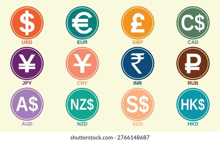Colorful flat vector set of international currency symbols including USD, EUR, GBP, JPY, INR, CAD, AUD, NZD, SGD, and HKD. Perfect for global finance, forex trading, banking apps, economic infographics and financial presentations.