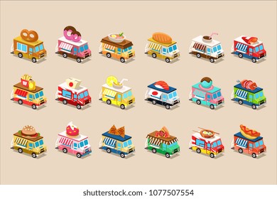 Colorful flat vector set of isometric food trucks. Vans with ice-cream, doughnut, burger, pretzel, pizza, hot dog, french fries and soda on roof