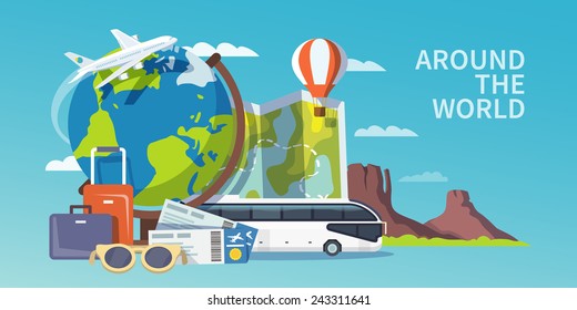 Colorful Flat Vector Travel Banner. Quality Design Illustrations, Elements And Concept. Advertising Banner. Around The World.