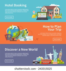 Colorful flat vector travel banners set. Quality design illustrations, elements and concept. Advertising banners. Planning trip. Hotel booking. Discover a new world.