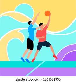 Colorful flat vector of two men playing basketball with dynamic poses, bold colors,Sports activities background design.