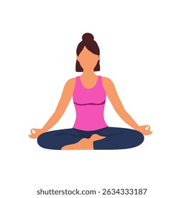 Colorful flat vector of a woman in lotus sitting yoga pose with relaxed arms. Great for themes of meditation, mindfulness, peace, and mental wellness