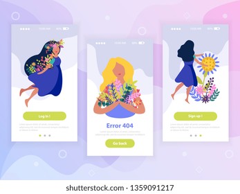 Colorful flat vertical banners set with girls and spring flowers isolated vector illustration