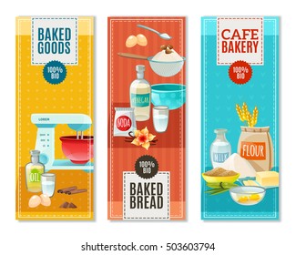 Colorful flat vertical banners set for cafe bakery with baking ingredients isolated vector illustration