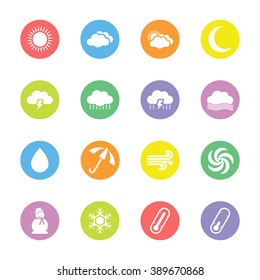 colorful flat weather icon set on circle for web design, user interface (UI), infographic and mobile application (apps)