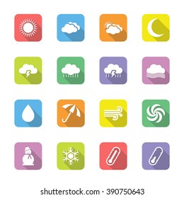 colorful flat weather icon set on rounded rectangle with shadow for web design, user interface (UI), infographic and mobile application (apps)