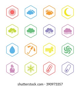 colorful flat weather icon set with hexagon frame for web design, user interface (UI), infographic and mobile application (apps)