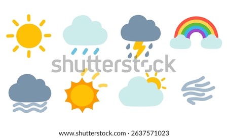 Colorful flat weather icon set featuring sun, rain, clouds, lightning, fog, and rainbow. Ideal for weather apps, forecasts, learning materials, and educational graphic design projects.