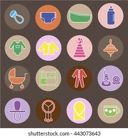 Colorful flat web icon set. Baby equipment, toys, feeding and care
