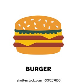 Colorful flat/cartoon design burger icon. Vector illustration isolated on a white background. 