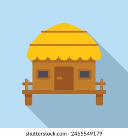 Colorful, flatdesigned illustration of a strawroofed hut on a blue background