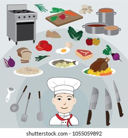 Colorful flat-lay of caucasian male cook,surrounded with food and cooking elements. Vector illustration.