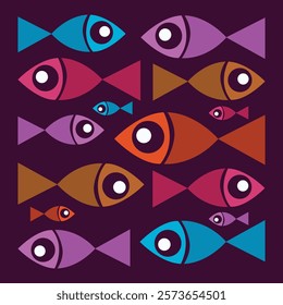 Colorful flat-style fish illustrations with varied shapes and patterns, ideal for aquatic themes.