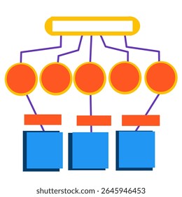 Colorful flat-style hierarchy diagram with abstract shapes, ideal for illustrating business structure or data flow