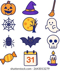 A colorful flat-style icon set of 12 Halloween illustrations including pumpkin, witch hat, ghost, skull, spider, bat, candy, and calendar. Ideal for seasonal content, party invites, and festive design