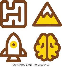 Colorido conjunto de iconos de estilo plano con un laberinto, montaña, cohete y cerebro, que representa la creatividad, la exploración, la inteligencia y el logro.