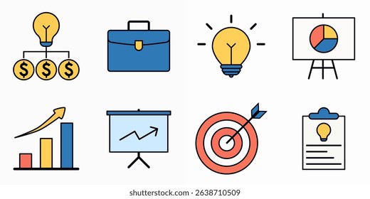 A colorful flat-style icon set representing business strategy and productivity tools, including lightbulbs for ideas, charts, targets, and presentations