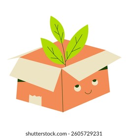Colorful flat-style illustration of cute cardboard box with plant sprouting from inside. Great for compostable packaging visuals, green product branding, and eco campaigns