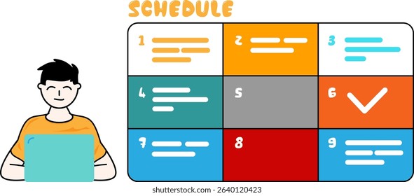 Colorful flat-style illustration of a person using a visual schedule or time-blocking system. The grid layout shows tasks organized by time slots, ideal for promoting productivity, focus, and efficien