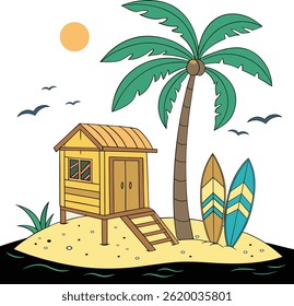 A colorful flat-style illustration of a tropical beach scene white background