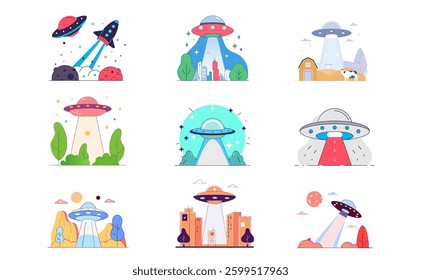 A colorful flat-style illustration of UFOs hovering over various landscapes, emitting bright light beams. This modern, minimalistic vector is perfect for sci-fi, alien, and space-related concepts.