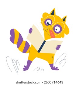 Colorful flat-style raccoon character with book in paws. Perfect for children’s learning materials, reading campaigns and creative content