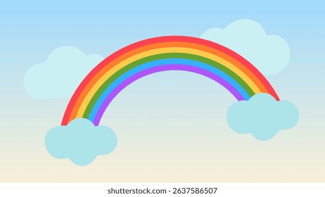 Colorful flat-style rainbow arcing over soft blue clouds on a pastel gradient sky. Minimalist and cute design, perfect for kids themes, weather icons, or cheerful illustrations.