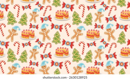 Padrão sem emenda de estilo plano colorido com elementos de Natal doces - bolo, gengibre, doces e bengalas doces. Ideal para projetos sazonais, artesanato festivo e decoração de inverno.