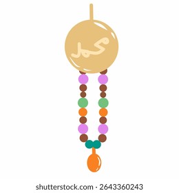 A colorful flat-style tasbih (Islamic prayer beads) hanging under a round Arabic ornament. Ideal for Ramadan, Hajj, or Muslim culture vector themes.