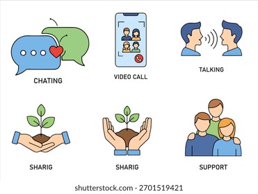 Colorful flat-style vector icon set illustrating modern communication and teamwork concepts. Includes icons for chatting, video calls, talking, sharing, and social support