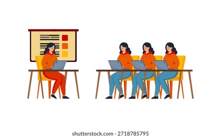 Una colorida Ilustración vectorial de estilo plano de un ambiente de trabajo moderno: un profesional trabajando en una computadora portátil frente a un Grande tablero de presentación, mientras que tres colegas colaboran en un escritorio compartido con computadoras portátiles. Ideal para trabajo remoto, oficina híbrida, espacio de coworking, colaboración en equipo, lugar de trabajo digital, productividad o conceptos de cultura empresarial contemporáneos. 