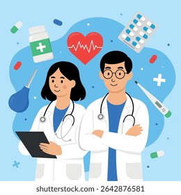 Colorful flat-style vector illustration of two friendly doctors surrounded by medical symbols. Includes pills, thermometer, enema bulb, heart with cardiogram, medicine bottle, and blister pack