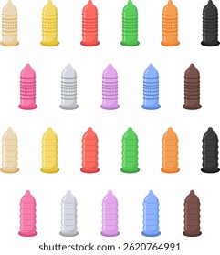 Colorful flavored condom icons – vector set