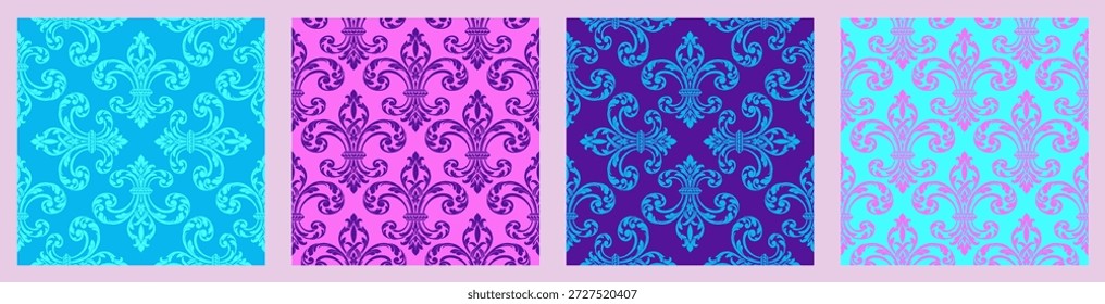 Colorful fleur-de-lis damask seamless pattern set. Vibrant pink, neon blue, and purple ornate floral ornaments for modern textile, trendy wallpaper, and creative fashion backdrops.