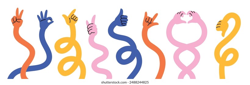 Colorful flexible hands. Curved stretched limbs with different skin colors. Finger gestures. Weaving and twisting elastic arms. Pointing forefinger. Gesturing palms