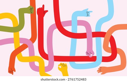 Colorful flexible hands doodle gestures icon sign and symbol vector collection. Diversity,people multiethnic race and community theme.