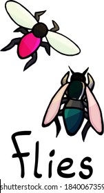 Colorful flies on white background, cartoon style, flat style, insect, bug, pink, green, isolated, outline, botany, swamp, nature, garden, summer, book, sticker, biology, insect, vector flies, forest