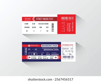 Colorful flight and music fest ticket template design, editable dark blue and red color modern design.