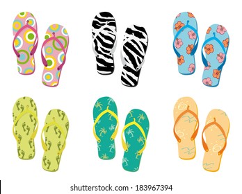 Colorful flip flops collection vector illustration. 