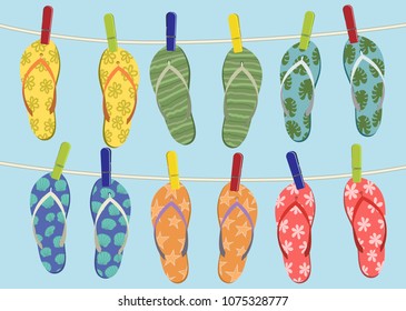 Colorful flip flops hanging on the rope. Summer vector illustration.