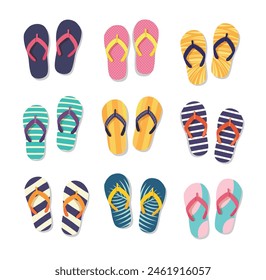 Colorful flip flops icons set, vector illustration. Top view 