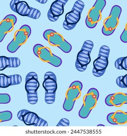 Colorful flip flops on blue background seamless pattern. Travel, vacation minimalistic concept